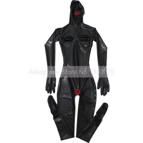 Black Sexy Female Latex Catsuit with Condoms Full Cover Bodysuit Zentai with 3D Chest S-LC194