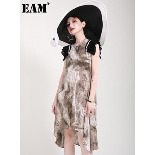[EAM] Women Print Irregular Ruffle Pleated Dress New Round Neck Short Sleeve Loose Fit Fashion Tide Spring Summer 2021 1DD8143
