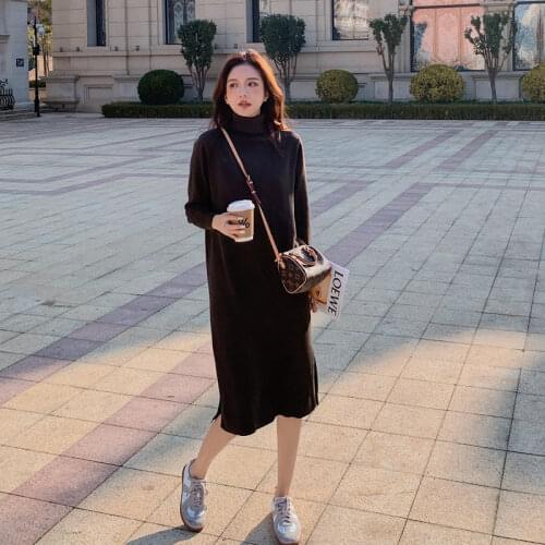 Elegant Korean Women Sweater Dress Warm Autumn Winter Dress Female A-line Knitted Dress Femm Casual Black Pullover Vestidos