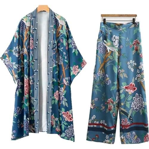 Womens 2021 Early Autumn Cardigan New Print Color Matching Kimono Loose Sun Protection Wide Leg Pants Loose for Home Dress