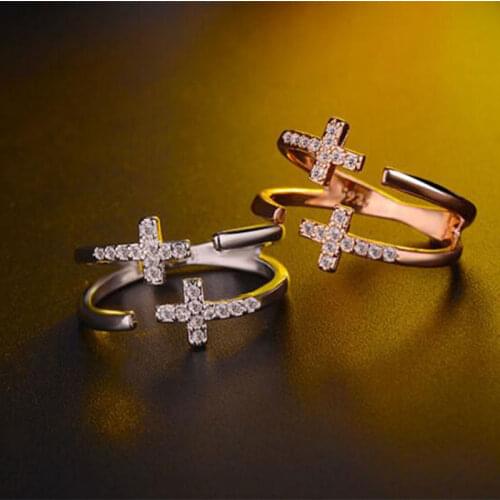 925 Sterling Silver Classic Cross Double Layer Adjustable Rings For Women Christian Gift Knuckle Jewelry S-R312