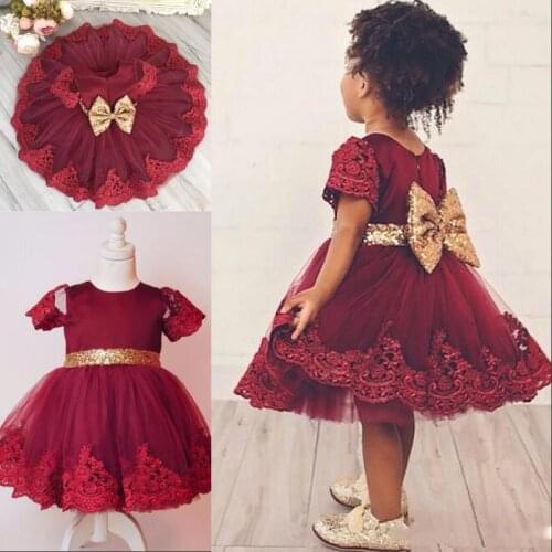 Cute Burgundy Short Flower Girl Dresses Lace Appliques Knee Length Tulle Girls Pageant Gowns With Gold Sequined Birthday Gowns 1