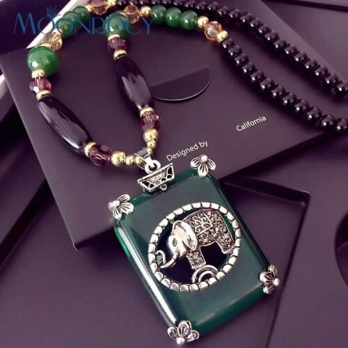 MOONROCY Crystal Necklace Long Sweat Jewelry Fashion Party Green Yellow Opal Elephant for Woman Long Chain Necklace Gift
