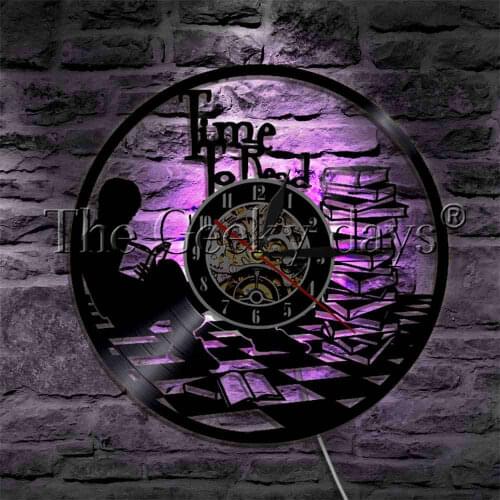 Time To Read Inspirational Silhouette LED Light Vinyl Record Wall Clock With LED Backlight Library Reading Book Wall Lamp