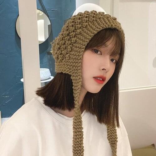 H3582 Pure Color Knitting Bomber Hat Women Ear Protection Autumn Winter Korean Warm Cap Fashion Lovely Outdoor Earmuff Girl Hats