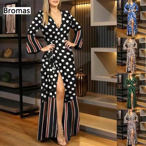 Autumn Womens Sexy Party Dress Elegant Polka Dot Printing V-Neck Ruffled Lace-Up Fashion Robe Dress