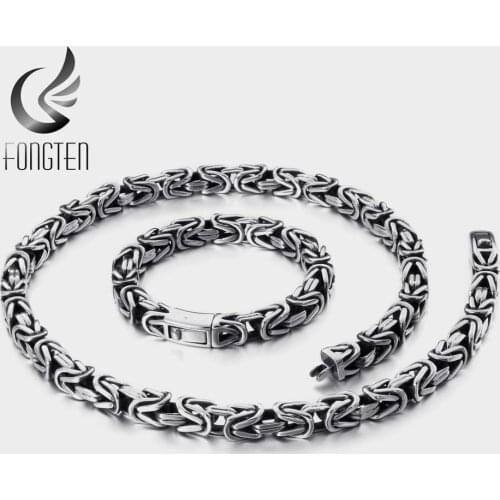 Fongten Retro Punk Men Charm Bracelet Necklace 2 Piece Set Link Chain Stainless Steel Black Tibetan Bracelet Man Fashion Jewelry