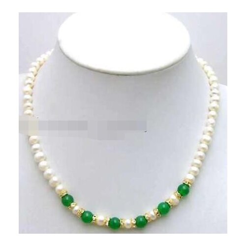 SALE 6-7mm White natural freshwater Pearl & 8mm Green jade 17" Necklace