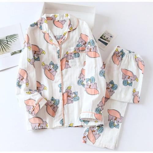 White New Cartoon Dumbo Gauze Pajamas Set Spring Autumn Lapel Ladies Long-sleeve Cardigan Print Pajamas Cute Wind Home Clothes