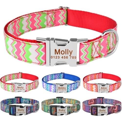 Adjustable Nylon Unisex Fashion Dog Collar Personalized Custom Free Engraved pet information Dog Collar Small Large Dog Tag
