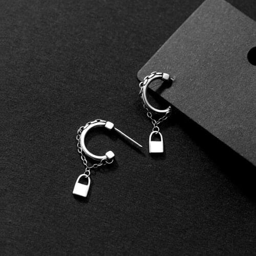 Authentic Real 100% 925 Silver Sterling Double Rows Chain Lock Piercing Ear Earrings Dangle C-G9856