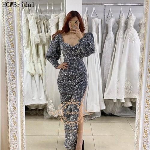 Grey Mermaid Evening Dress For Arabic Women Long Sleeve Sparkly Sequin Occasion Dresses With Slit Sexy Party Gowns Plus Size