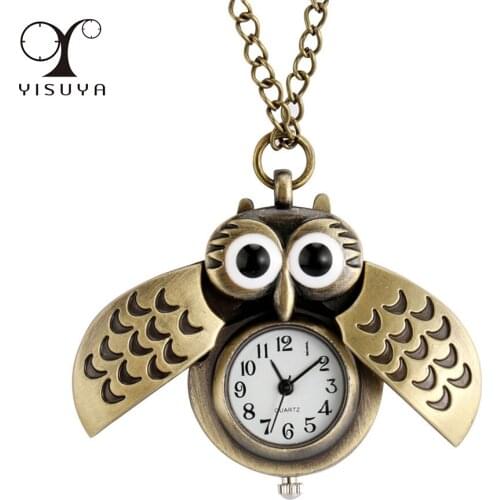 Cute Bronze Owl Shape Quartz Pendant Necklace Watch Kids Men Women Bronze Sweater Chain Pocket Watch Mini Size