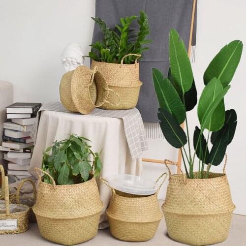 Planter Basket Seagrass Foldable Flower Pot Handmade Woven Storage Baskets with Handle Laundry Storage Toys Sundries Organizer