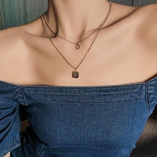 TIMEONLY Korean Fashion Double Layered Square Metal Letter Circle Pendant Necklace Chunky Cuban Chain Beads Necklaces for Women
