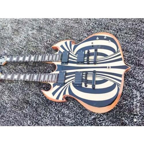 High quality custom edition double head 6-12 string electric guitar zebra pattern black accessories free shipping