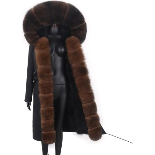 2021 Women Real Fur Coat Thick Warm Loose Detachable Natural Fox Fur Collar Hood Big Fur X-Long Parka Outerwear Winter Jacket