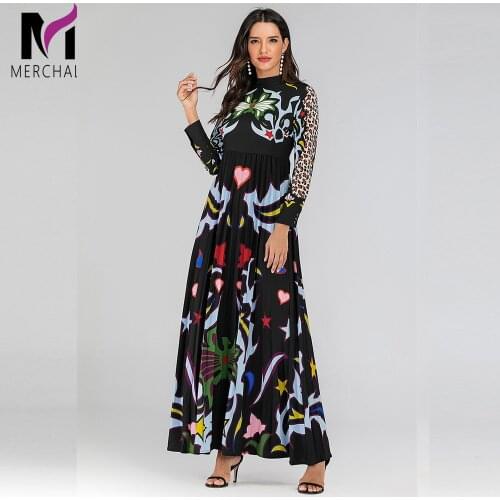 Women Runway Dresses 2019 Spring Autumn Leopard Vintage Print Maxi Dress Long Sleeve Slim Long Pleated Dress Vestidos De Fiesta