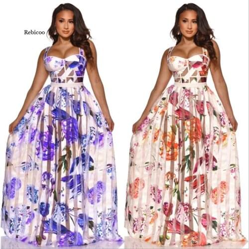Sheer Mesh Patchwork Floral Print Maxi Flare Dress Women Sexy Spaghetti Straps Backless Summer Beach Party Long Robe