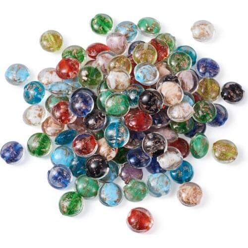 200pcs Mixed Color Handmade Gold Sand Flat Round Lampwork Beads DIY Bracelet Necklace Jewelry Accessories Decorate 12x8mm
