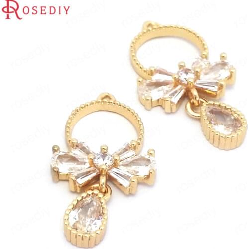 39550)6PCS 24x13MM 24K Gold Color Brass and Zircon with Water Drop Round Bowknot Charms Pendants Jewelry Making Diy Accessories