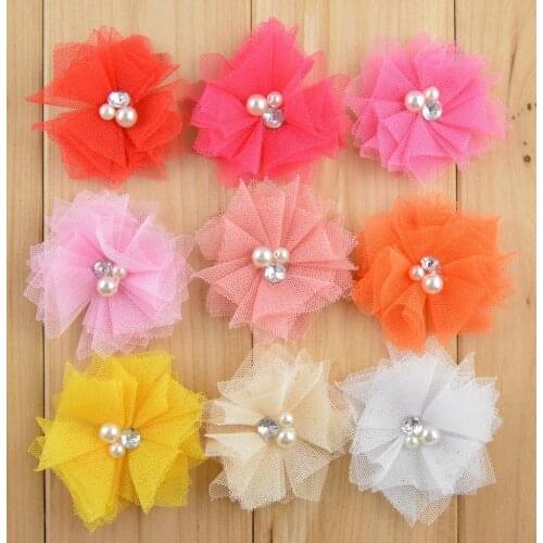 60 pcs/lot Small Tulle Mesh Fabric Flowers with Cluster Pearl & Rhinestone center 2" flower - flat back