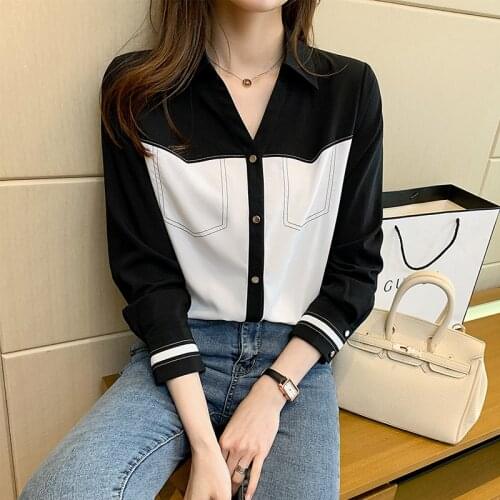 #8321 Black Spliced White Office Shirt Women V Neck Sexy Casual Formal Shirt Femme Vintage Chiffon Shirt Female Spring Autumn