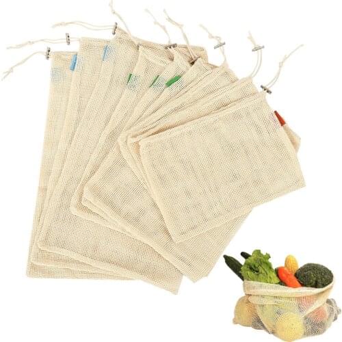 9 Pcs Cotton Mesh Vegetables Storage Bags for Kitchen Eco-friendly Fruit Organization Bag with Drawstring Reusable Washable