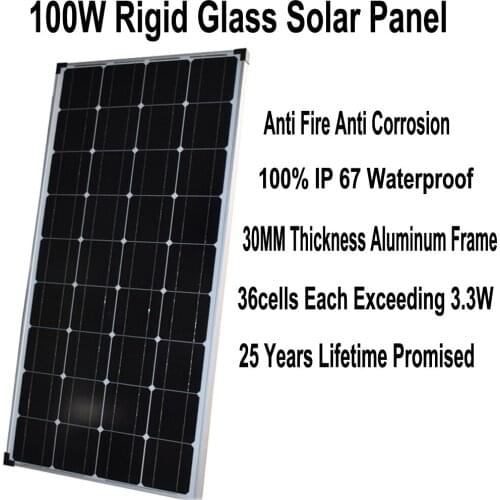 Aluminum Frame 30MM Glass Solar Panel 100W Anti Fire Anti Corrosion 36PCS 3.3w/solar cell 12V Battery Charge For Home Car Boat