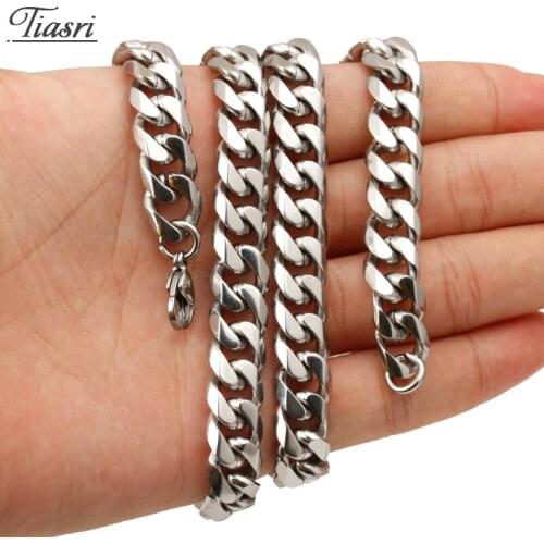 Tiasri 10mm Gothic Mens Necklace Cuban Link Chain Collar Choker Silver Color Stainless Steel Jewelry Hip-Hop Boys Accessories