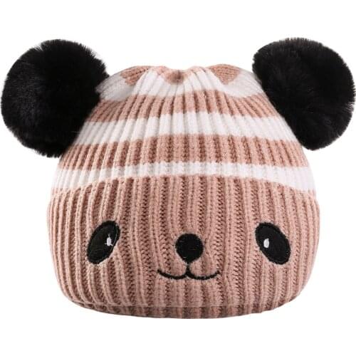 Kids Baby Cap Protective Ear Hat Cartoon Panda Plush Ball Edge Curl Winter Relaxed Breathable Warm Hat Beanies