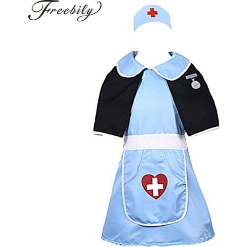 Kids Halloween Cosplay Nurse Costume Short Sleeve Lapel Collar Dress with Cape Hat Sets Children Roleplay Theme Party Dress Up