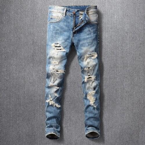 American Street Fashion Men Jeans Retro Blue Sim Fit Elastic Destroyed Ripped Jeans For Men Painted Designer Hip Hop Punk Pants