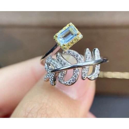 Luxurious leaf Feather S925 silver square Natural light blue Aquamarine gem ring natural gemstone ring woman party gift jewelry