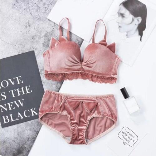 Push Up Gathered Bra Set Female Sexy Bras Fashion Cat Ears Bra Panties Set