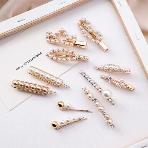 Korean Imitation Pearl Barrettes Hair Clip For Women Girls Crystal Heart Crown Geometric Metal Hairpins Wedding Hair Accessories