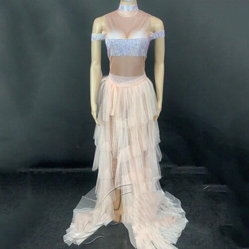 Jazz Dance Costume Women Singer Concert Stage Wear Shiny Rhinestones Jumpsuit Pink Tailing Veil Long Skirt Party Outfit DT2941