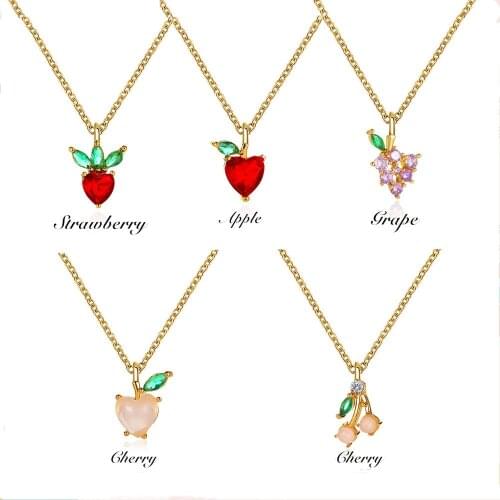 Sweet Fashion Crystal Apple Grape Strawberry Cherry Peach Pendant Necklace for Women Simple Fruit Necklace Jewelry Gifts