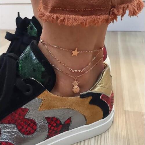 Multilayers Gold Anklet Chain Women 3pcs/sets Star Pineapple Beads Golden Chain Jewelry Charm Foot Leg Ankle Bracelet Girl Gifts