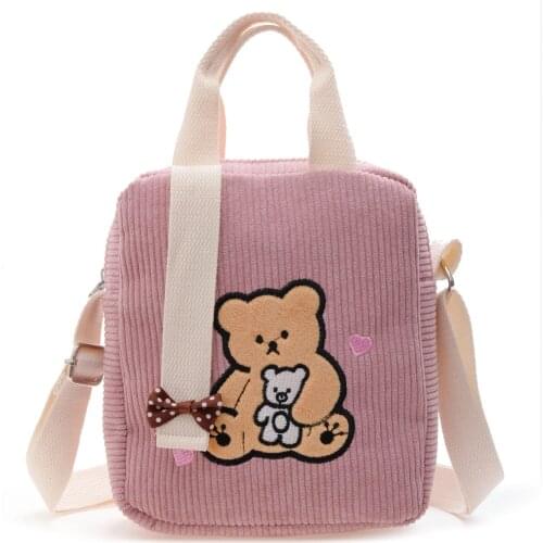 Fashion Corduroy Children Crossbody Bags Cartoon Kids Tote Bags Cute Toddler Shoulder Bags Bear Print Handbag for Baby Girls Boy