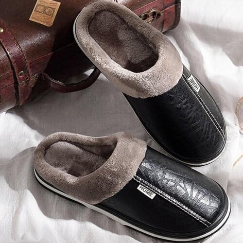 Men Slippers Indoor Leather home shoes Winter Waterproof Warm Home Fur Women Slipper Male Couple Platform Shoes Fluffy Big Sizes