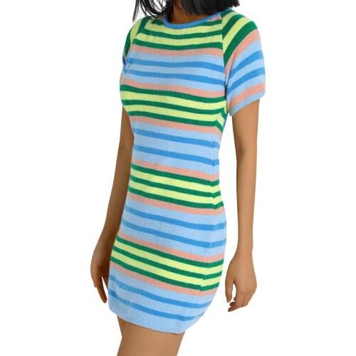 Sexy Women Summer Backless Dress Striped Round-Neck Short Sleeve Form-Fitting Knitted Dresses for Girls Blue Green