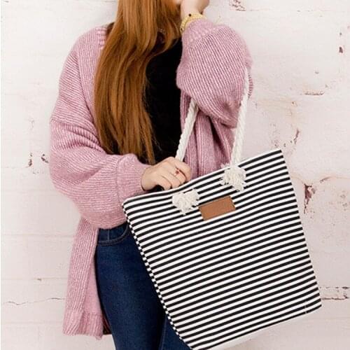 Thick Large Canvas Fashion Durable Women Black And White Stripes Shoulder Bag Shopping Tote Flax Cotton Shopping Bags Maximal