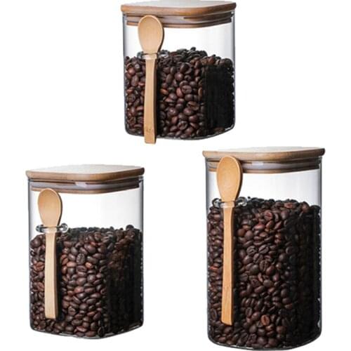 3 Pcs Glass Jar with Lid and Spoon, Airtight Clear Square Glass Canister for Kitchen,for Sugar,Seeds,Salt,Pepper,Spices