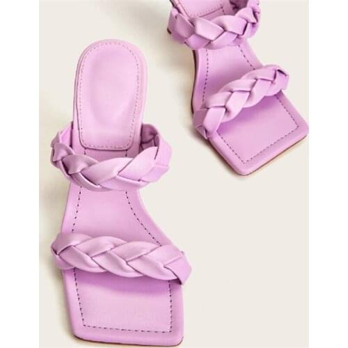 Open Toe High Heels Women Slippers Woven Leather Women Sandals Thin Heels Pumps Office Ladies Shoes Casual Mules Shoes