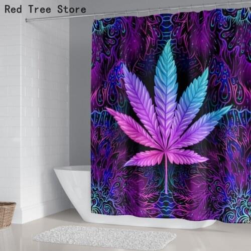 Purple Maple Leaves Printed Shower Curtain Bathroom Polyester Waterproof Cloth Bathing Room Decoration with 12 PIeces Hooks Set
