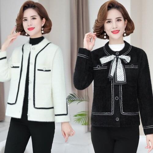 2021 White Mink Cashmere Sweater Coat Women Autumn Winter Lazy Style Korean Retro Black Loose O Neck Knitted Cardigan Fashion