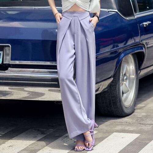 French Style Suits For Women High Waist Purple Loose Thin Wide Leg Pants Summer Short Sleeve Bandage T-shirts Streetwear 9334