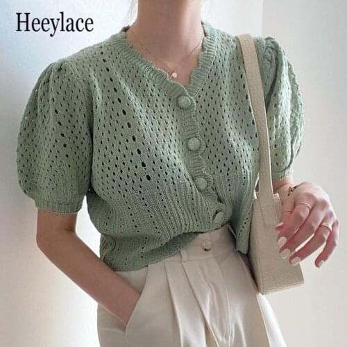 Women Sweater 2021 Summer Korean Chic Girl Gentle V-Neck Single-Breasted Loose Female Puff Short Sleeve Knit Cardigans Tops
