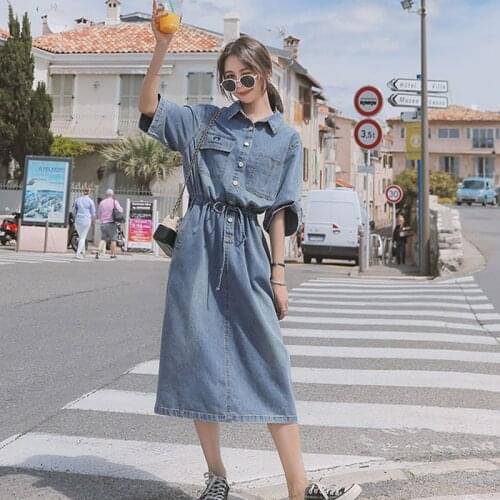 Maxi Denim Long Dress Women Short-Sleeved Midi-Length Split Thin Clothes 2021 Summer Trend Korean Fashion Ladies Elegant Outwear